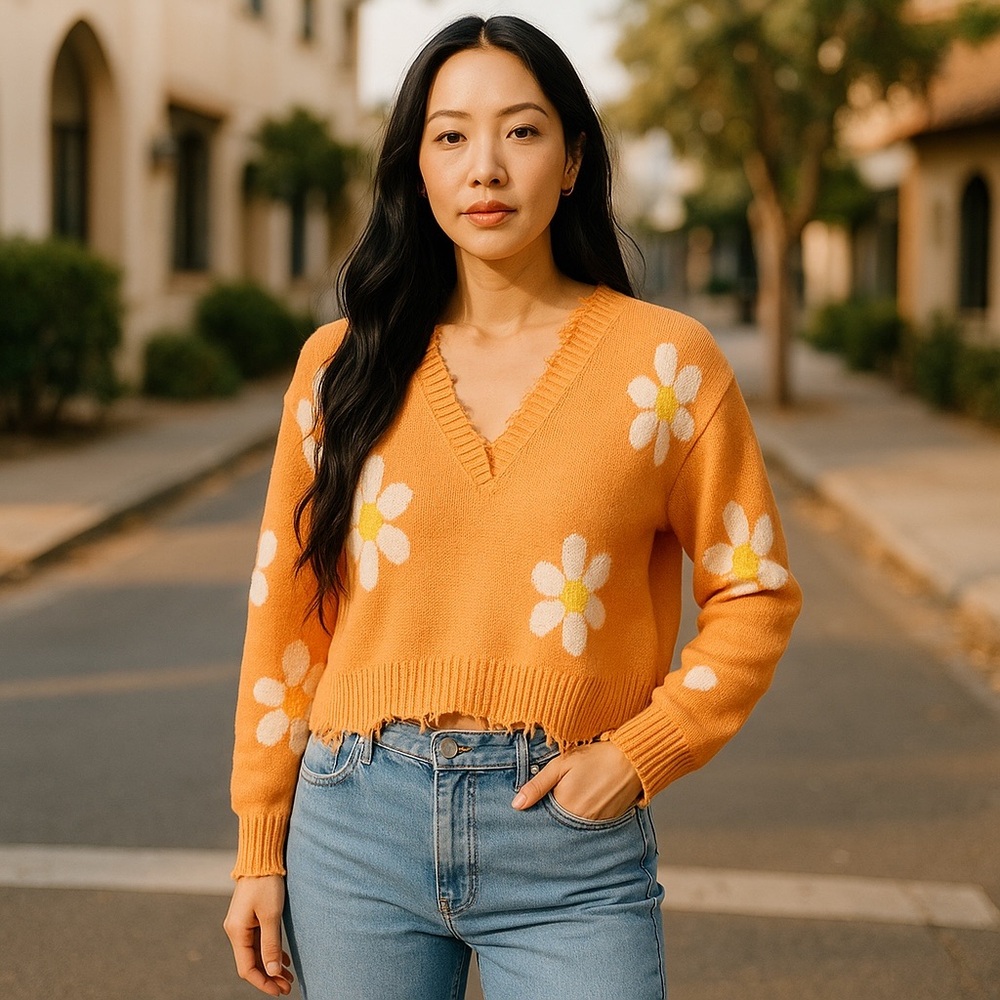 Just Polly New York Orange Floral Women's Fringe Oversized Crop Top Sweater sz S